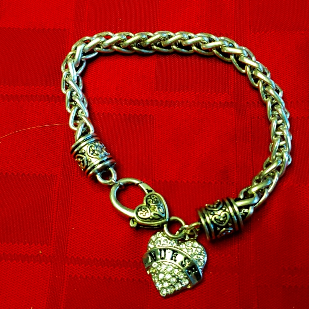 Crystal Heart Nurse Charm Bracelet 8"